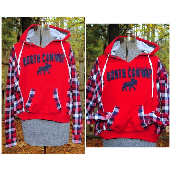 North Conway NH Upcycled Reconstructed Red Hoodie Sweatshirt Med Check Sleeves - Picture 3 of 11